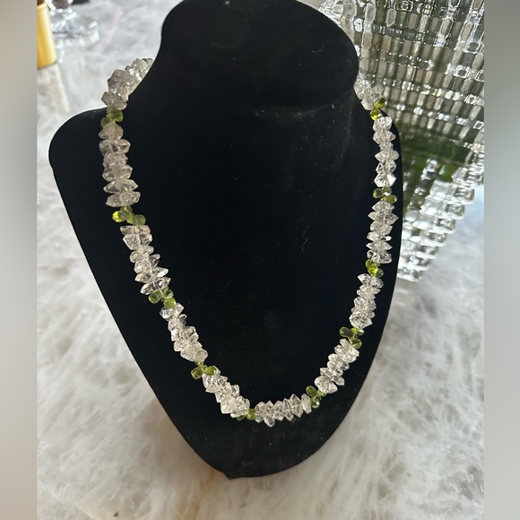 20in Herkimer Diamond and Peridot Briolette Beads Necklace with Sterling Clasp - Picture 2 of 3